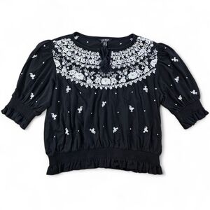 Lauren Ralph Lauren Black Embroidered Peasant Top Blouse L Boho Floral Tassel